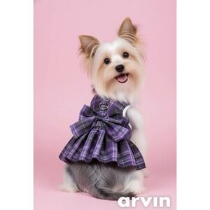 Pet Dog Plaid Bow Skirt Vest Dress Clothes Puppy Cat Harness/Leash Set Sz Medium